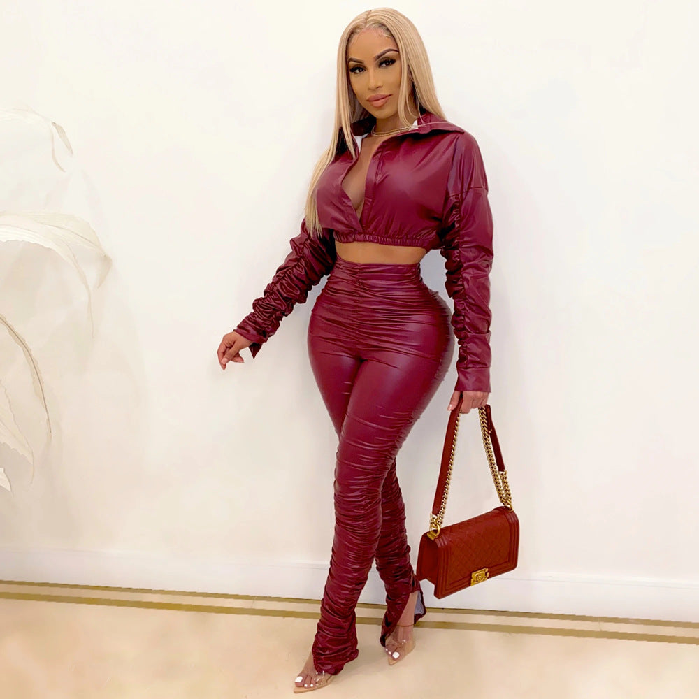 Faux Leather Ruched Trouser Set