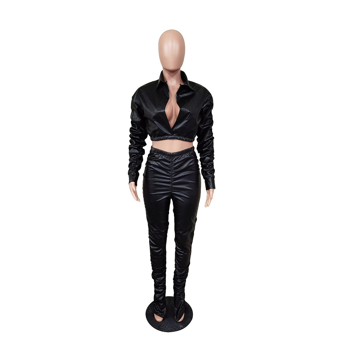 Faux Leather Ruched Trouser Set