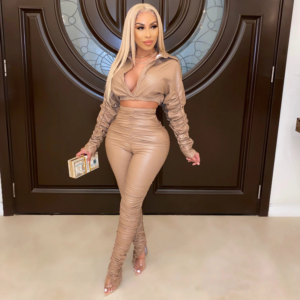 Faux Leather Ruched Trouser Set