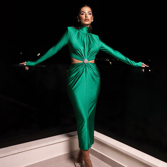High Collar Backless Pleated Dress