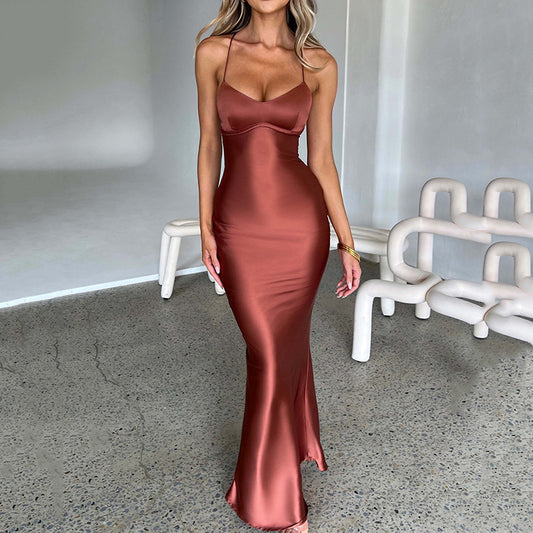Satin Backless Lace up Maxi Dress