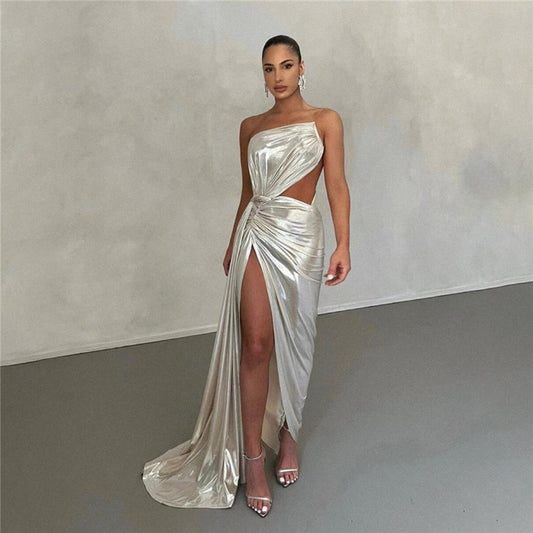 Metallic Coated  Backless Slit Dress